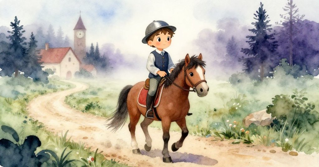 米羅騎著小棕馬於晨霧繚繞的砂石路上前行，遠方村莊鐘樓隱現，臉上滿是期待與興奮。