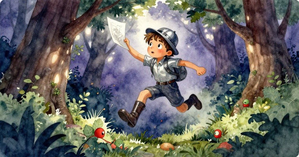 米羅從馬背上迅速下降，穿越隱秘樹叢灌木間，動作敏捷接住飄舞筆記本頁面，場景充滿神秘自然氣息。