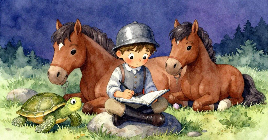 米羅盤腿坐在石旁專心作畫，小棕馬靜臥於灌木邊，小綠龜靜觀溫馨瞬間，彼此互動和諧動人。