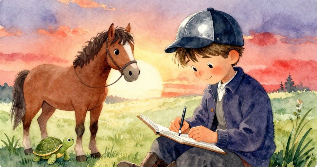 夕陽餘暉中，米羅滿意關上筆記本，微笑望著安靜休息的綠龜，馬兒靜守背景，畫面溫暖而寧靜。