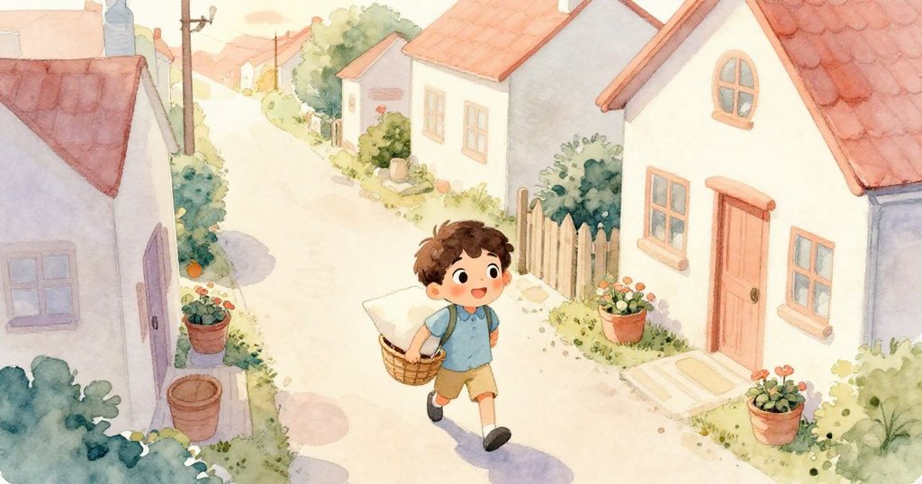 米洛沿著窄巷奔向奶奶家，手提新抱枕，背景夕陽溫暖，他滿懷期待與活力，從高處俯視全景。