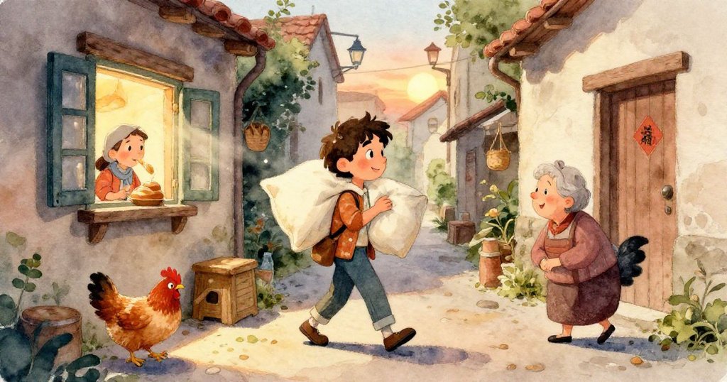 米洛急忙伸手企圖撿起滑入積水中的新抱枕，蘋果滾動與水花四濺，表情緊張專注，特寫細節明顯。