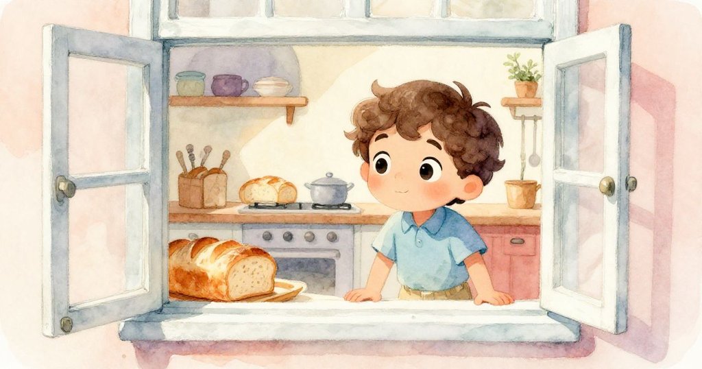 米洛停下腳步，透過開著的溫馨窗戶望見室內新鮮麵包散發著溫暖香氣，表情充滿好奇與喜悅。