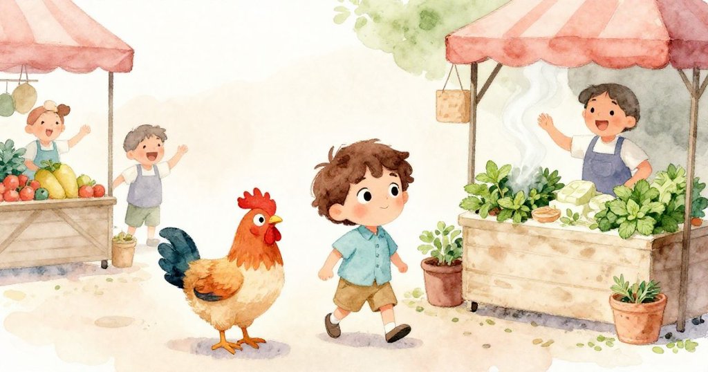 在市場角落，米洛驚訝看著一隻小雞飛奔而過，果商笑聲悠揚，蒸氣上升的香草攤形成溫馨熱鬧的季節景象。