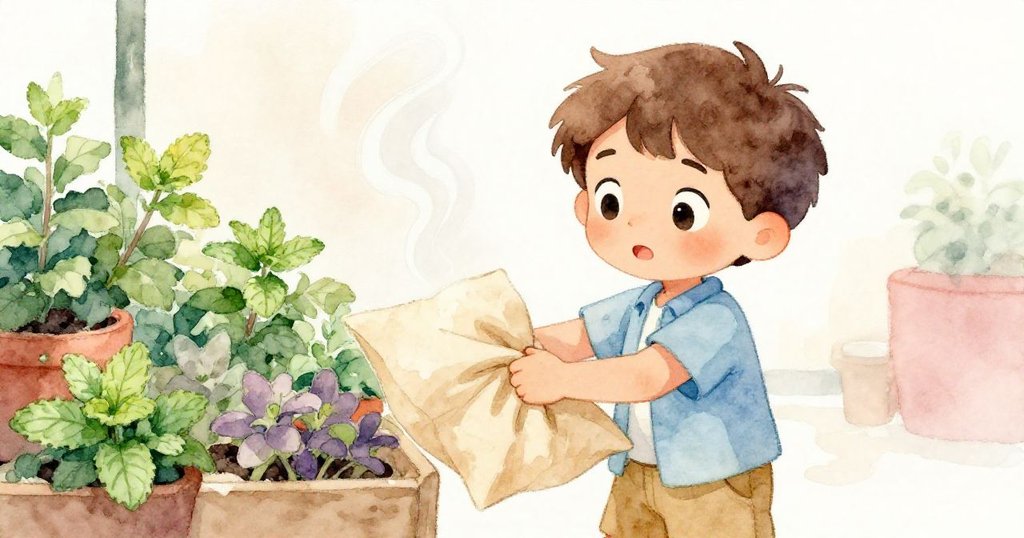 米洛專注地用藕紙包裹濕抱枕，旁邊的香草攤上薄荷蒸氣瀰漫，他神情決心且精心處理。