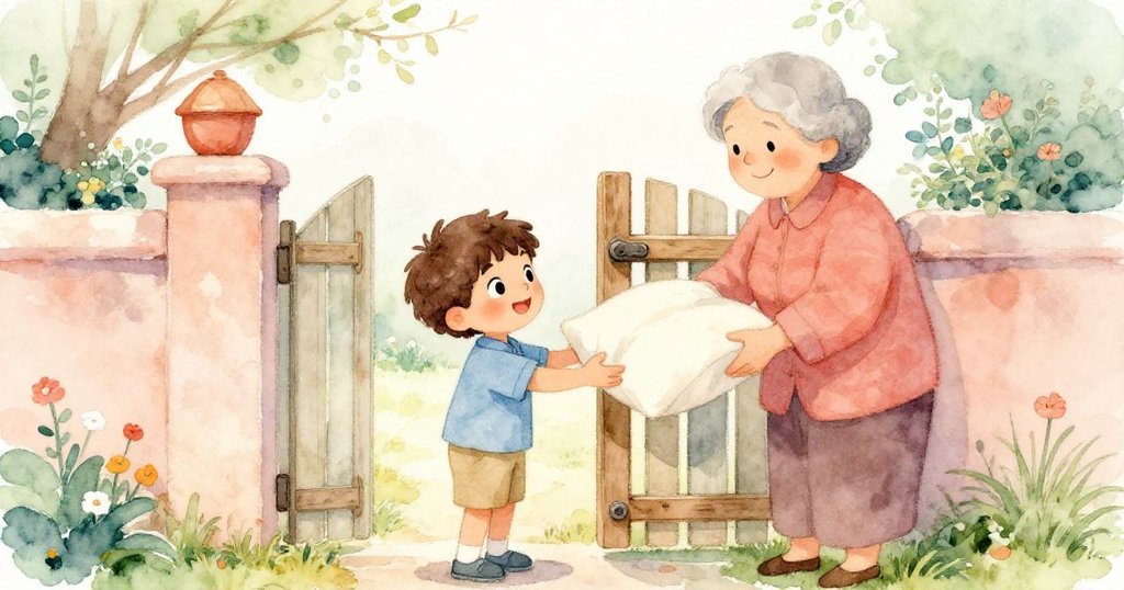 米洛在花園門前溫柔地將包好的抱枕交給笑容滿面的奶奶，並關上木製門閂，象徵家庭溫暖與安全。