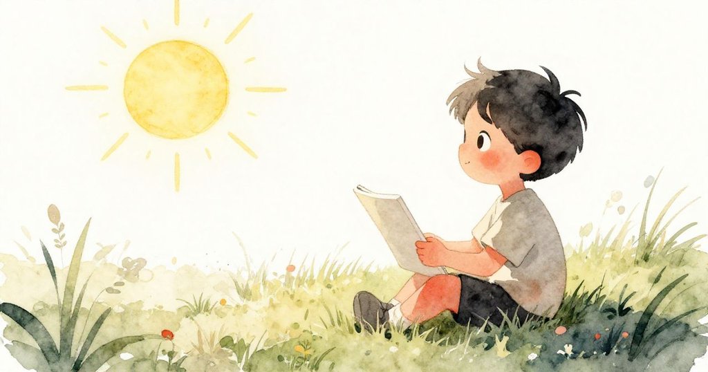 湯姆在陽光普照的草地上坐著，手持空白畫板，表情平靜，背景陽光明亮，呈現故事開端的溫暖氣氛。