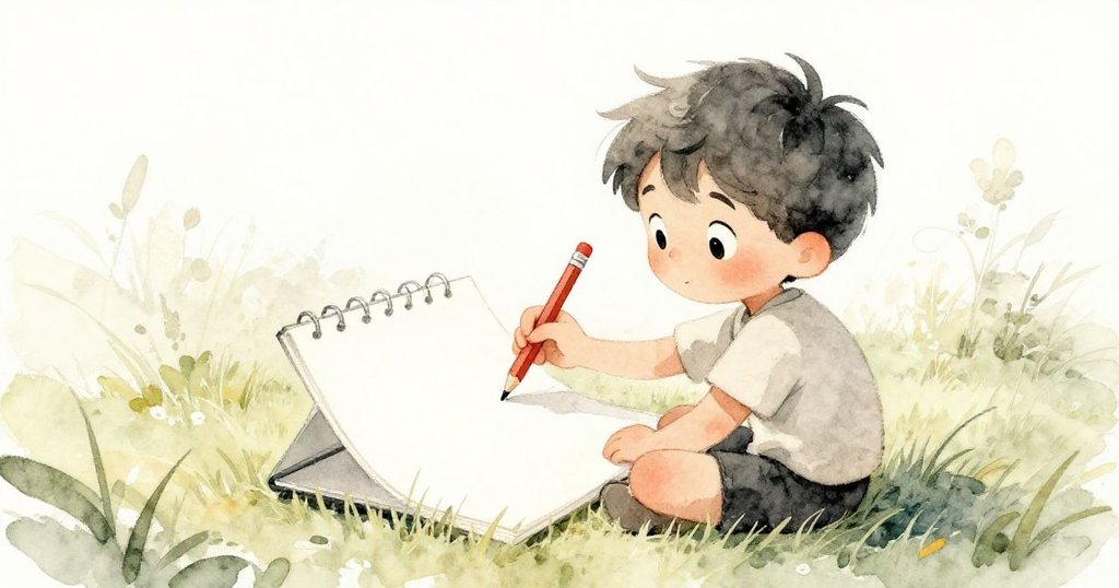 湯姆專注地注視著他手中的空白畫板，輕觸畫板準備創作，背景中搖曳的草地襯出故事初始的靜謐與希望。