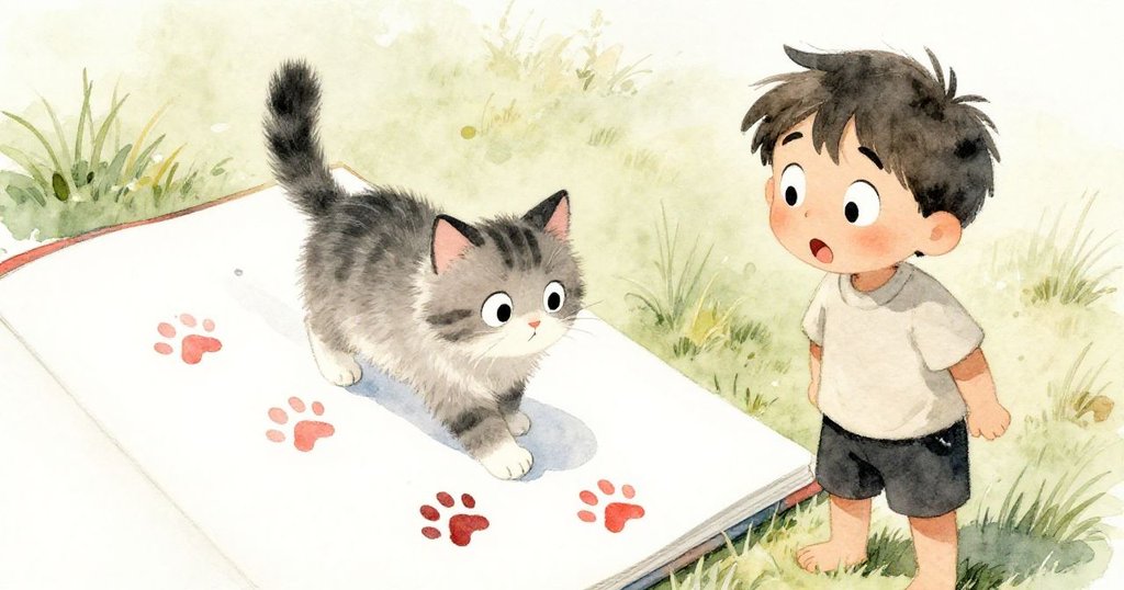 從湯姆背後視角看見貓咪輕輕踩在畫板上，留下捲曲的腳印，湯姆露出驚訝神情，展現故事情節轉折。