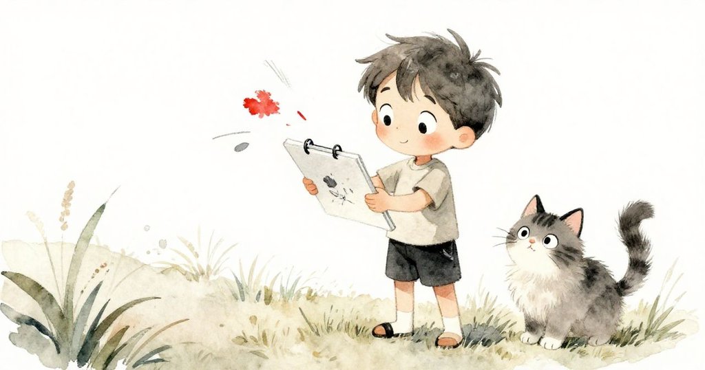 湯姆把畫板舉起細看意外的腳印，貓咪靜靜守候附近，兩者互動間流露出調皮與好奇，展現故事發展的轉折。
