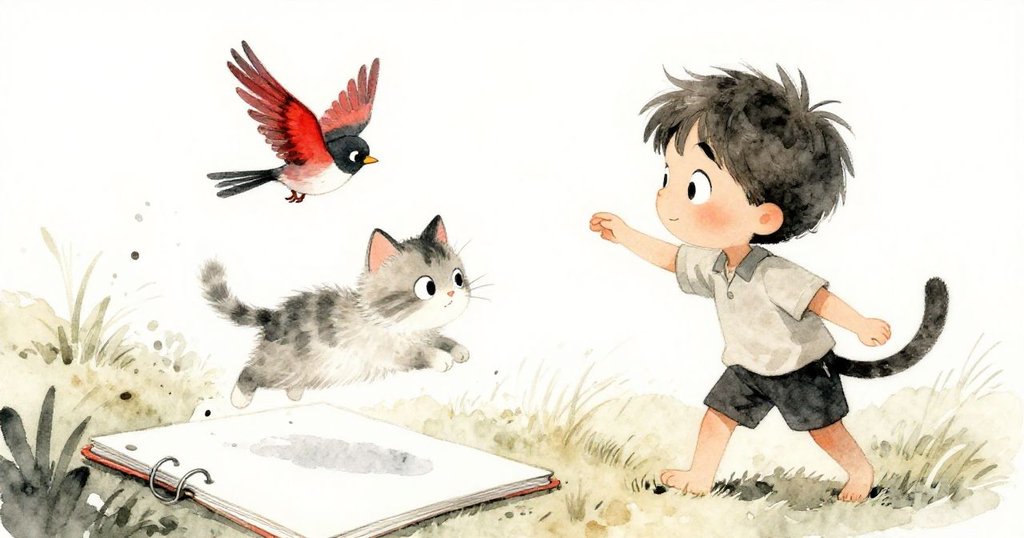 小鳥停在樹枝上，激起貓咪一躍追逐的動作，湯姆目光關注，畫板恢復清晰，展示劇情高潮的活力與轉變。