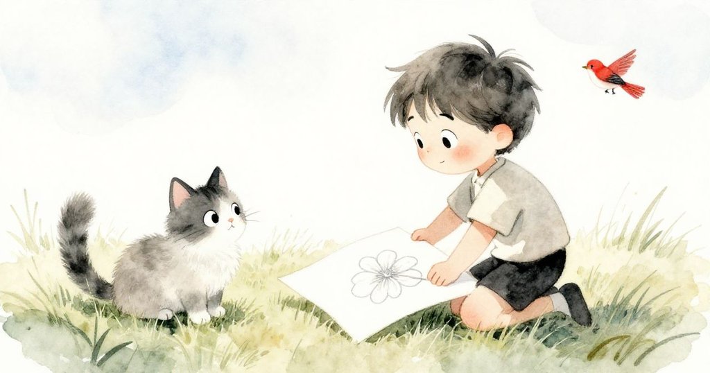 湯姆滿意地將畫板放回草地，畫上圓潤柔和的花朵，貓咪與小鳥遠處靜默，陽光下故事緩緩落幕，充滿平靜與溫暖。