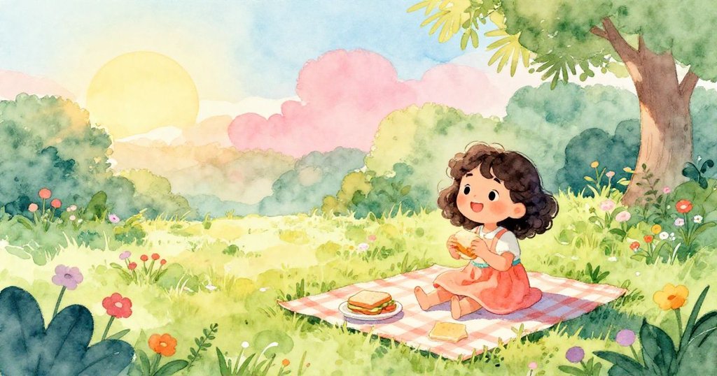 麗娜站在晨光中庭院，注視著鋪好的野餐布和三明治，神情期待且微帶饑餓。