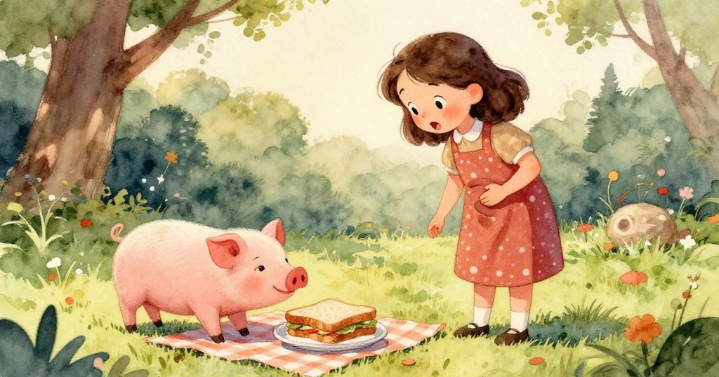 麗娜伸手輕觸野餐布上美味的三明治，溫柔而充滿期待，細節豐富呈現食物和布料紋理。