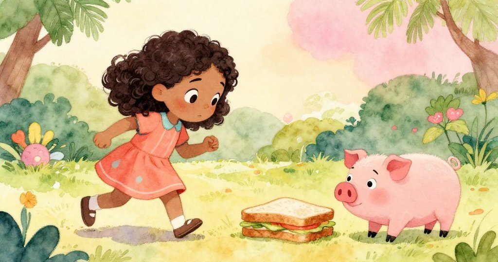 麗娜急步走向三明治時，小豬好奇地靠近嗅聞，兩個動作交織呈現庭院中活潑瞬間。