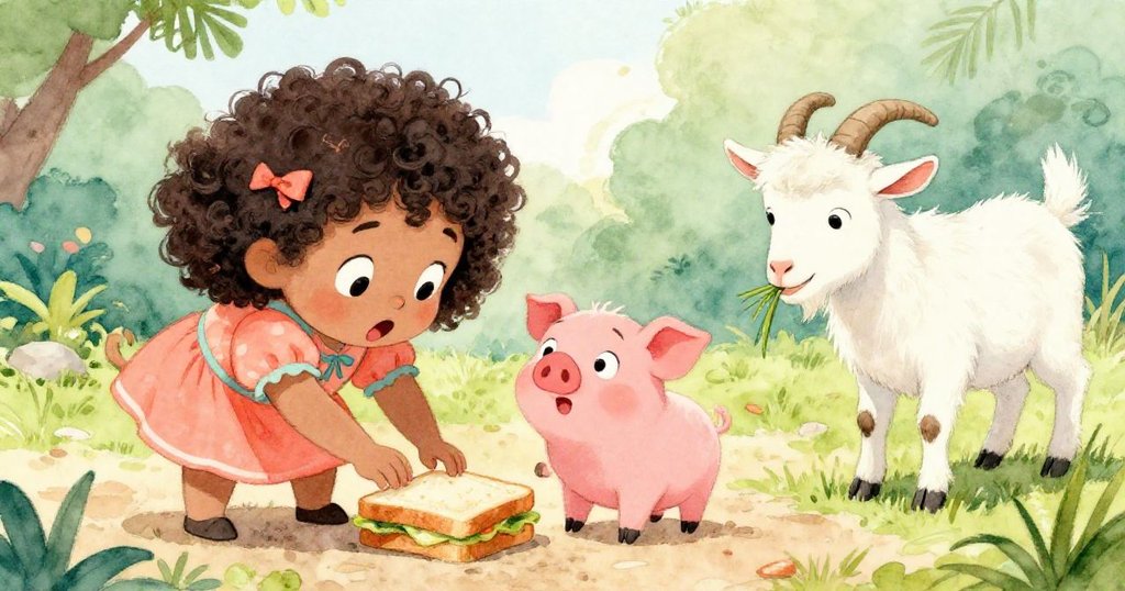 小豬輕碰將三明治翻落於泥土中，麗娜驚訝地四處張望，小山羊悠然啃食青草，情景生動。