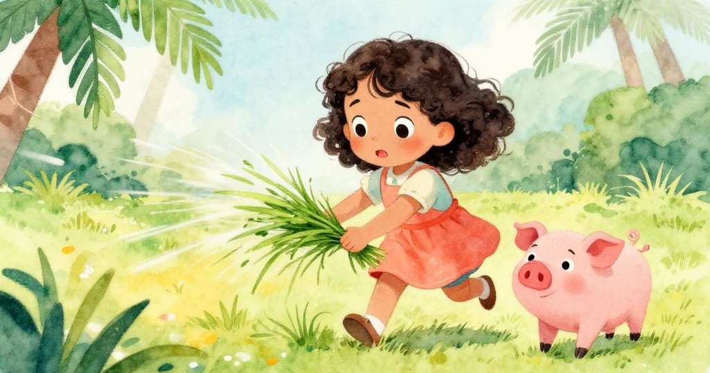 麗娜迅速撿起新鮮的青草，動作敏捷，小豬興奮地跟隨著綠色草堆，充滿活力的庭院畫面。