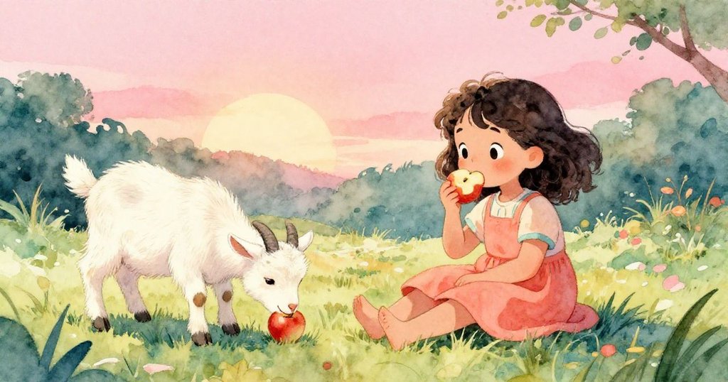 麗娜安坐細嚐餐點，小山羊啃著蘋果，庭院溫柔寧靜，充滿滿足與平和的氣氛。