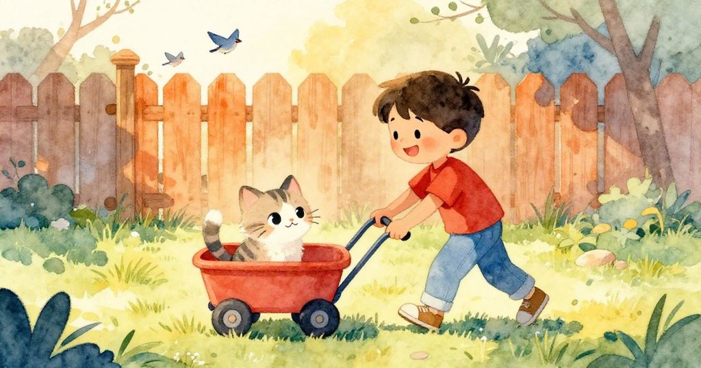 路易斯推著裝有小貓的推車，在溫暖陽光灑落的草地上前行，臉上充滿期待與喜悅，鳥兒在背景中鳴唱。
