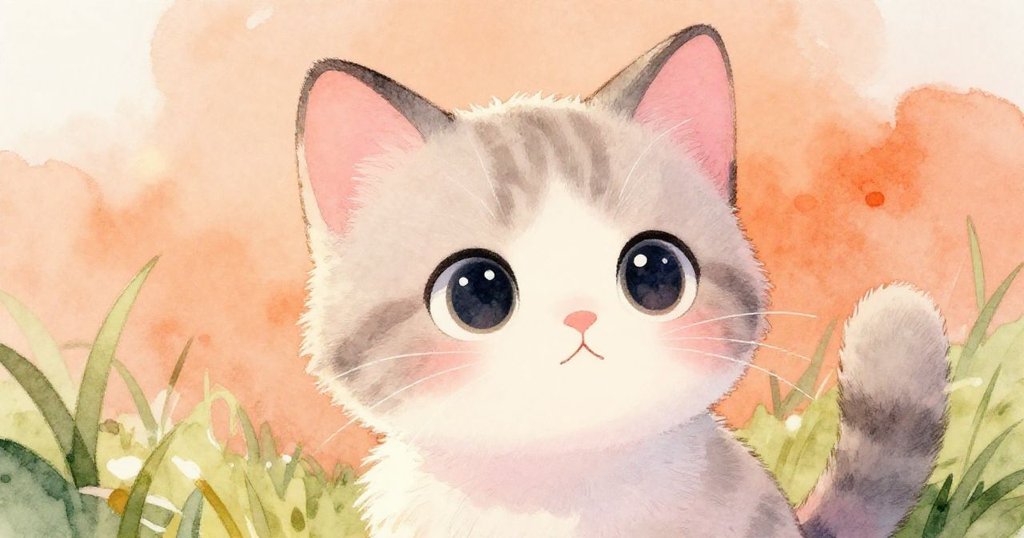 小貓在柔和的光線中展露出明亮而好奇的眼神，背景是細膩的草地，呈現出純真與期待的溫暖氣氛。