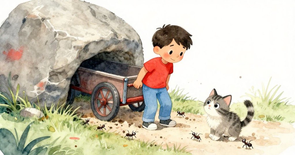 路易斯推車遇到隱藏石頭阻擋，泥土與螞蟻忙碌爬行，小貓露出些許不安，整體場景充滿挑戰與驚訝感。