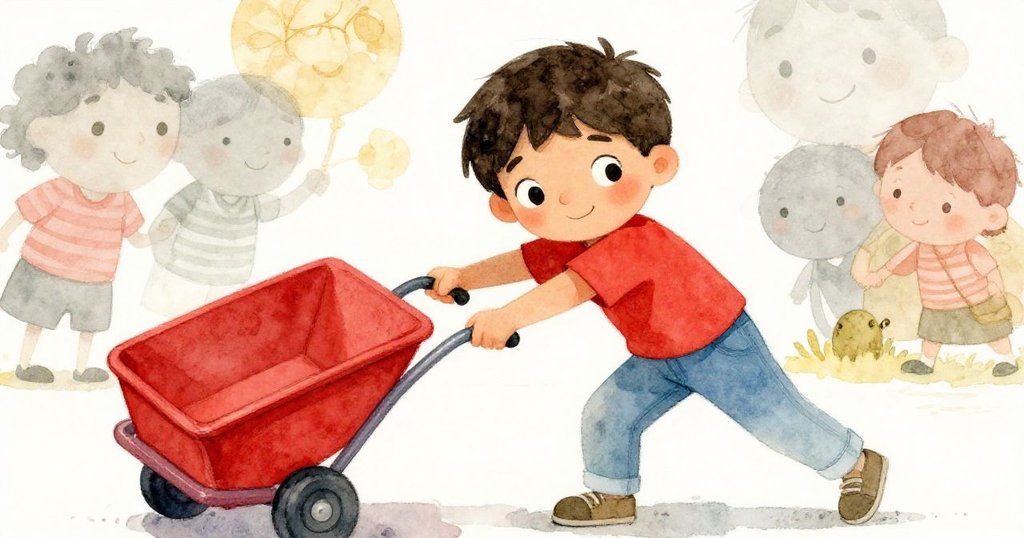 Luis專注且堅定地側推推車，調整把手操作，平整草地上車輪順利轉動，展現決策與轉機的瞬間。