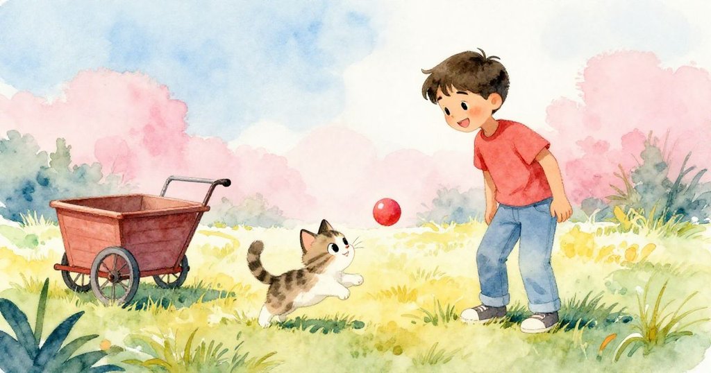 Luis與小貓在寬闊草地上共享快樂時刻，小貓興奮跳向明亮的球，推車靜立旁邊，表情充滿溫馨圓滿。