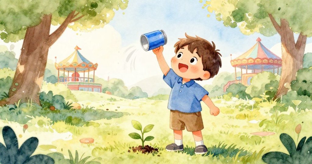 Liam在公園舉起藍色罐子，陽光溫暖，公園中植物點綴，臉上流露好奇與喜悅，背景隱約見市集氣氛。