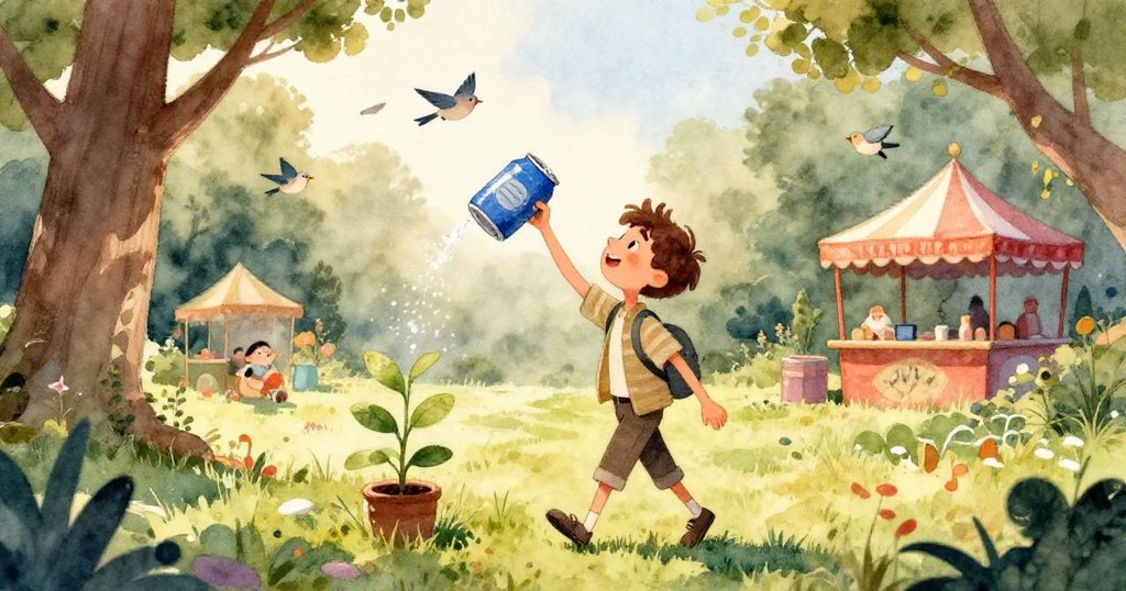 Liam的手輕握藍色罐子，特寫展現罐子光滑質感與反光細節，表情充滿好奇與探究。