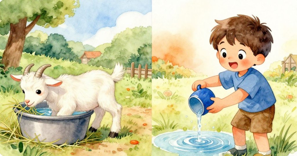 一邊是小山羊在稻草旁吃草，另一邊Liam將藍罐浸入水桶，水面旋渦展現動作，充滿田園和互動氣息。