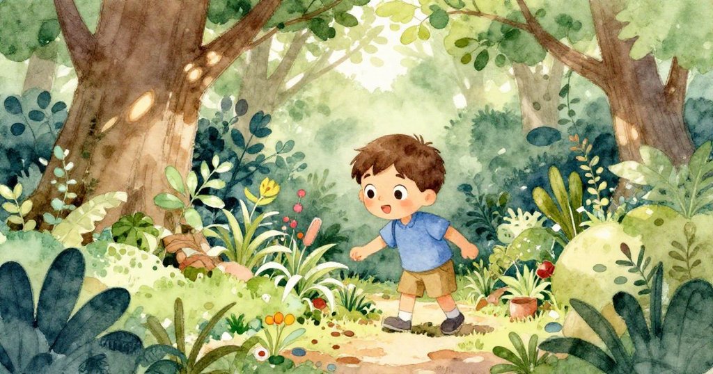 Liam走進公園隱秘小角落，陽光透過樹葉灑下碎金光，與植物互動，展現探索與驚喜的表情。