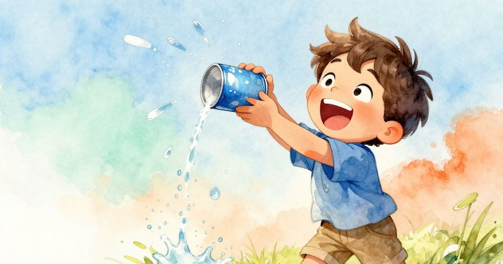 Liam笑容滿面動作迅速傾倒裝滿水的藍罐，水滴四濺，充滿活力與歡樂，背景充滿溫暖陽光。