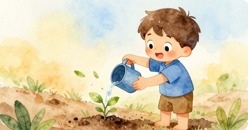 Liam回到小植物旁，柔和倒水，濕潤的棕土和搖曳綠葉展現自然重聚，充滿溫暖與欣慰情感。