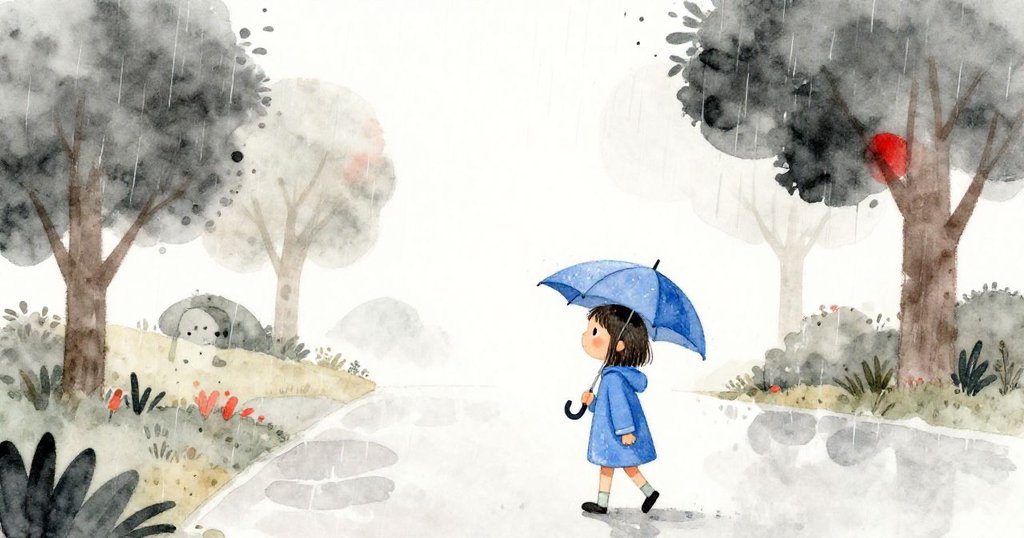 Mia 穿著藍色雨衣拿著藍傘走在雨中公園的小徑上，天空陰沉，但她神情平靜，開始她的雨中冒險。