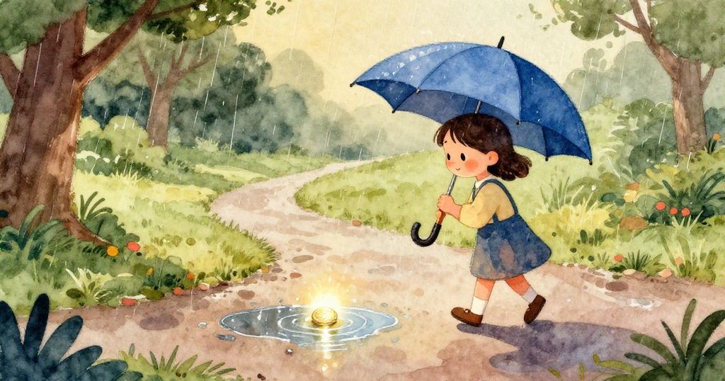 Mia 注意到前方明亮的水坑，水面清晰反射著光芒，其中一枚小硬幣閃爍著，畫面顯現雨後路面的細膩質感。