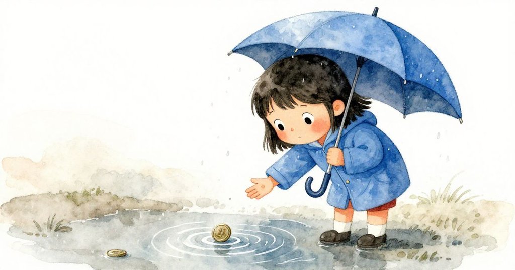 Mia 彎腰靠近水坑，眼神專注，伸手試圖觸碰因水波而遠移的小硬幣，低角度視角突顯她的決心與動作。