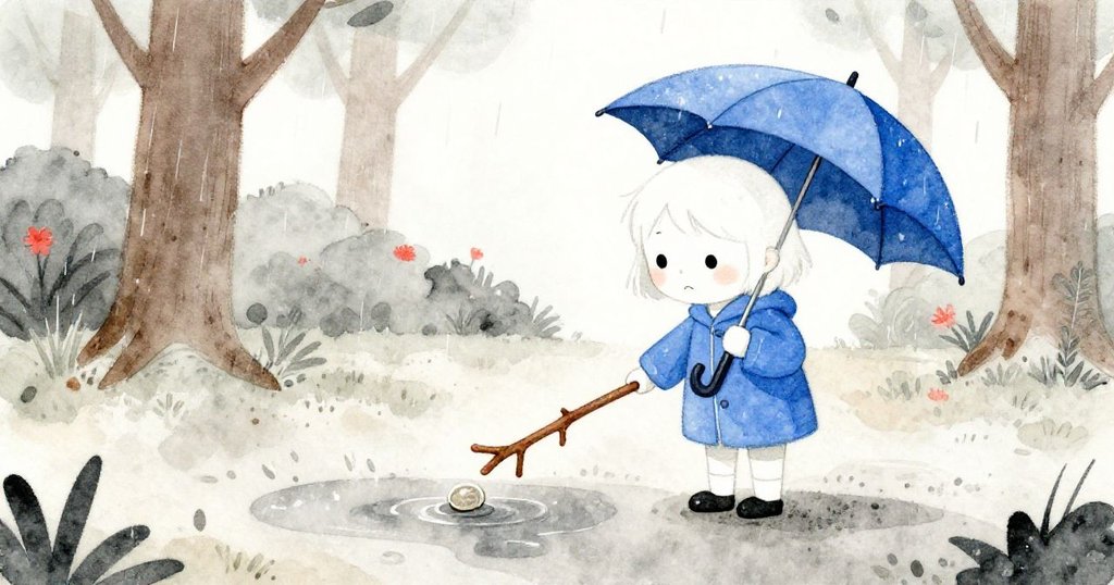 Mia 在雨中公園中搜尋並撿起一根長棍，小心地用棍子試著伸向深水坑中閃亮的小硬幣，動作充滿謹慎與期待。