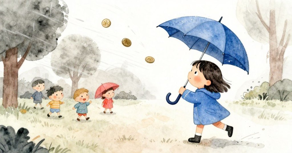 Mia 驚訝地看著突如其來的陣風將藍色雨傘翻轉成碗狀，小硬幣在躍動中飛向傘內，場面充滿動感與驚喜。