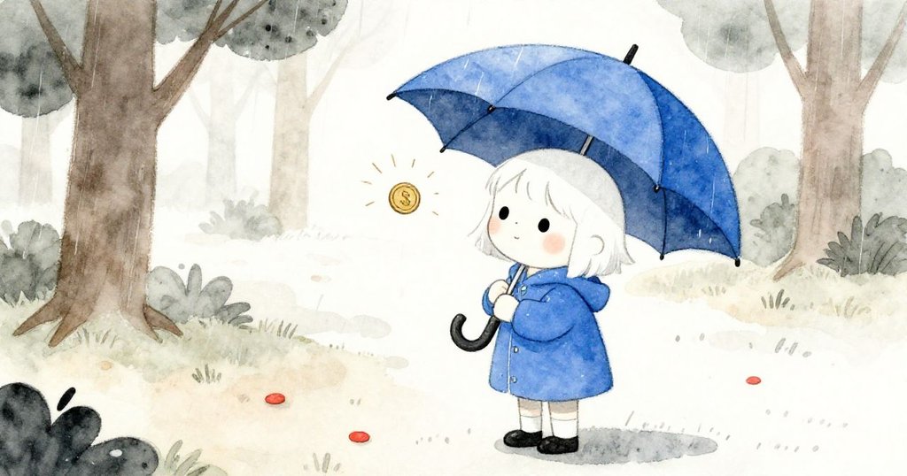 Mia 小心地抬起藍色雨傘，露出乾淨的幸運小硬幣，雨勢漸弱，神情中流露出寧靜與希望，迎向開放的新旅程。
