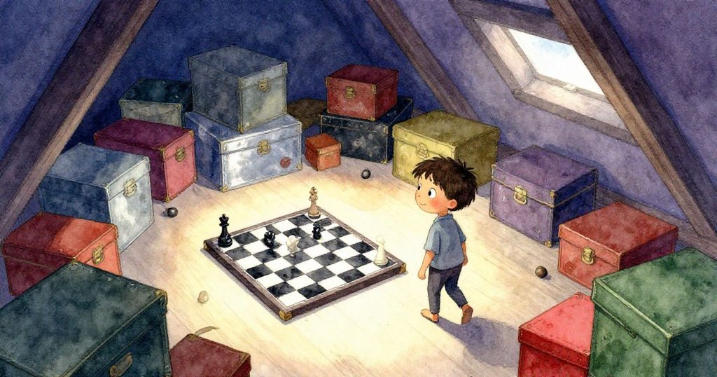 亞歷克斯好奇地走入閣樓，環繞著舊木箱和覆布棋盤，閣樓空間廣闊充滿神秘感，表情充滿期待。