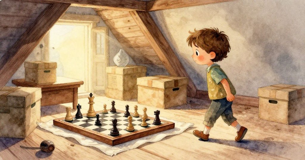 亞歷克斯蹲在木地板上，小手用力推開桌腳，滑動中的棋盤與明亮彈珠呈現細膩動作，充滿專注與好奇。