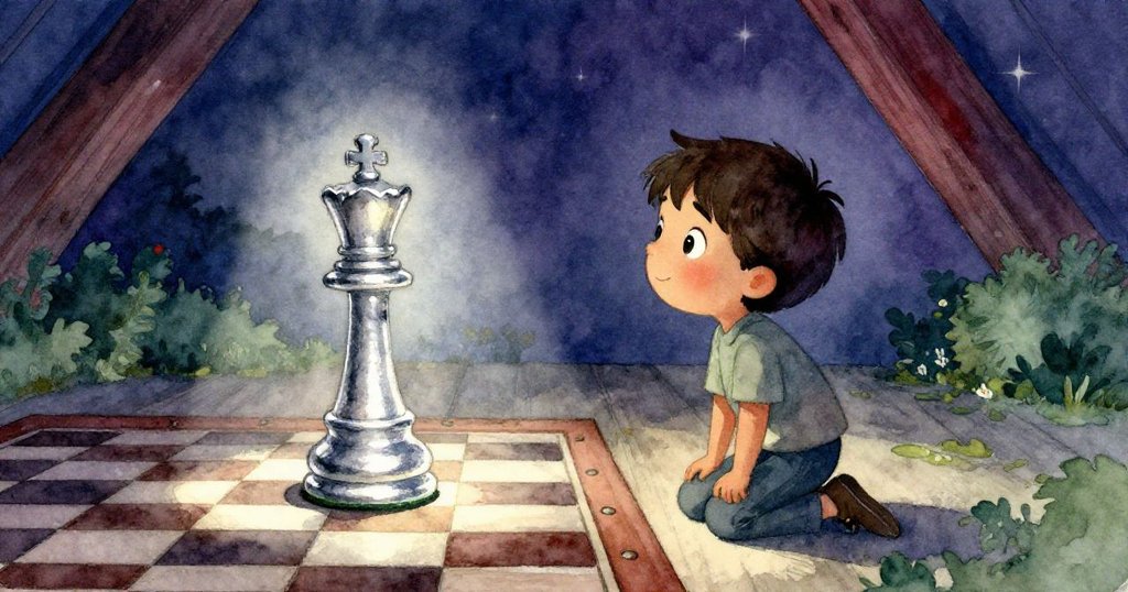 亞歷克斯從低角度仰望獨閃光的皇后棋子，臉上滿是驚奇與好奇，背景閣樓中塵埃舞動，情景詩意動人。