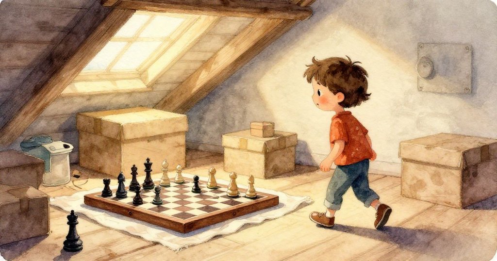 陽光穿窗照射下，棋盤和滾動彈珠安穩落定，反射出細膩光芒，閣樓中塵埃輕舞，展現寧靜過渡。