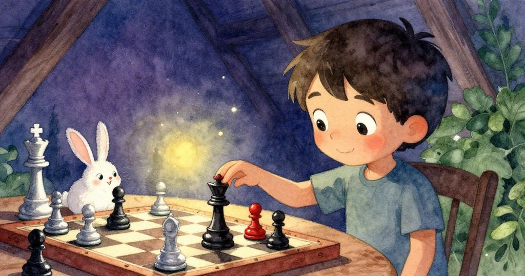 亞歷克斯輕觸靜止棋盤上的皇后棋子，旁邊俏皮塵蟲快速穿梭，閣樓溫暖光影中洋溢神奇與柔情。