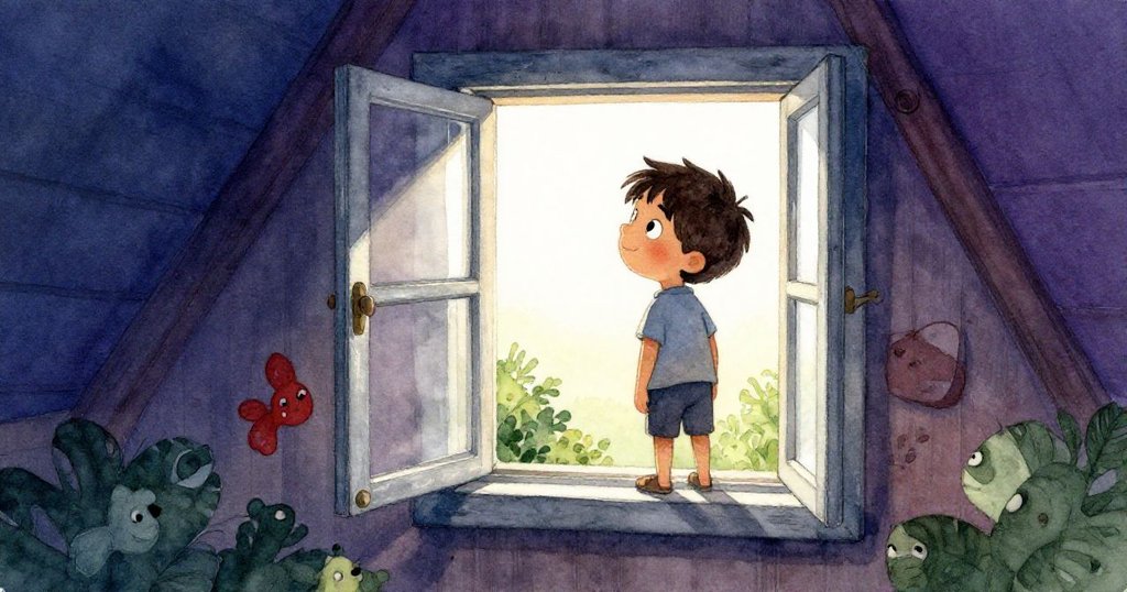 亞歷克斯站在敞開的閣樓窗前，眺望新世界，臉上流露出溫柔希望與決心，透出未來冒險的光芒。