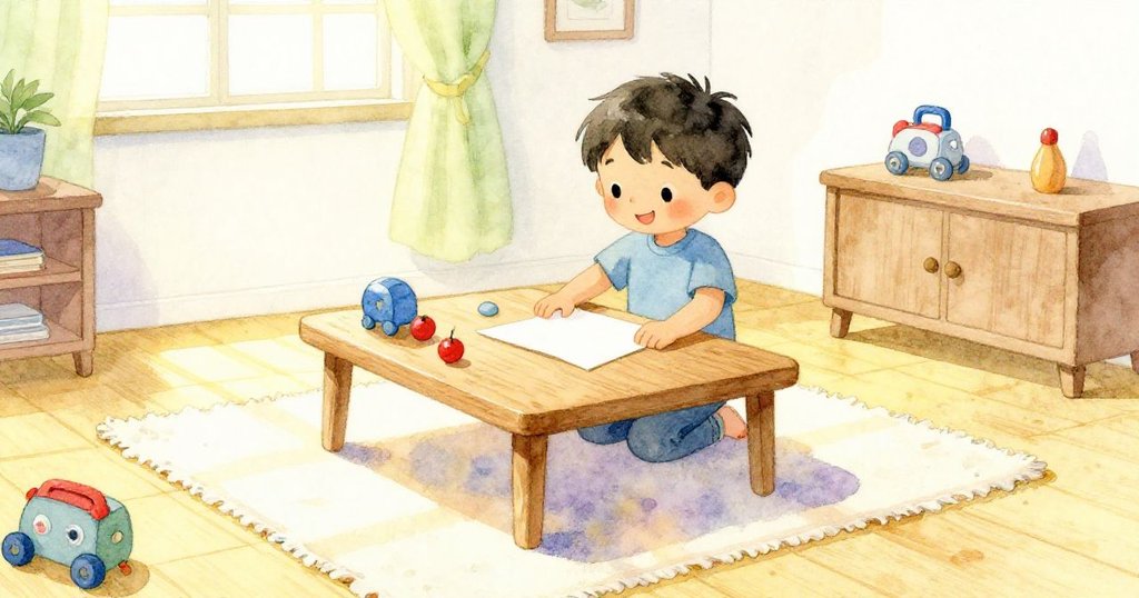 Leo在溫馨房間中將紙張放在木桌上，陽光灑下形成明亮正方形，房間內擺有玩具，展開故事開端