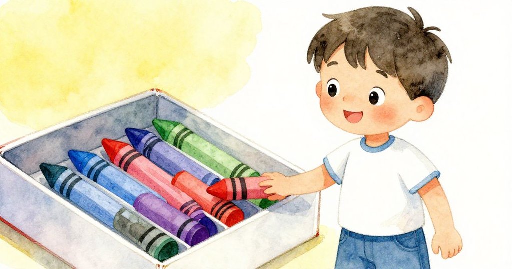 Leo在特寫畫面中伸手挑選鮮豔的紅藍綠蠟筆，箱中蠟筆色彩明亮，展現藝術準備的情景