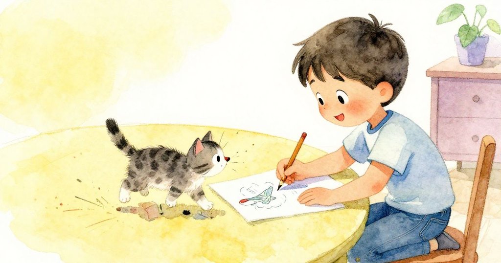 Leo正透過肩後角度專注畫鳥時，淘氣小貓跳上紙張使畫面起皺，呈現驚喜與歡樂的互動