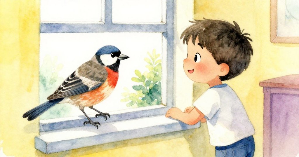 Leo好奇望向窗外，看到一隻羽毛斑斕的真鳥停在窗台上，室內外光線交織，情節轉折展開