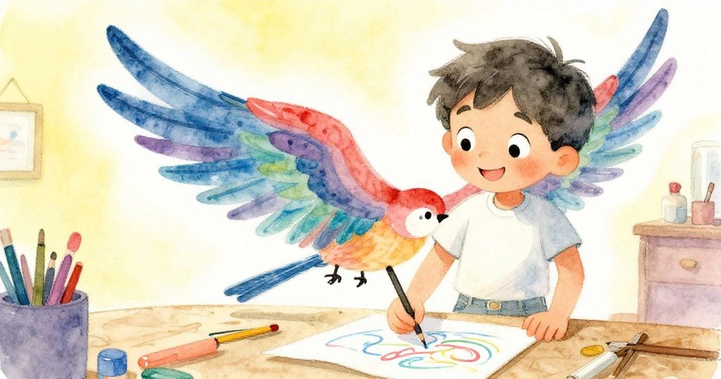 Leo受到窗外鳥啟發，專注地用蠟筆畫出充滿動感的翅膀，紙上色彩斑斕，展現創作高潮情景